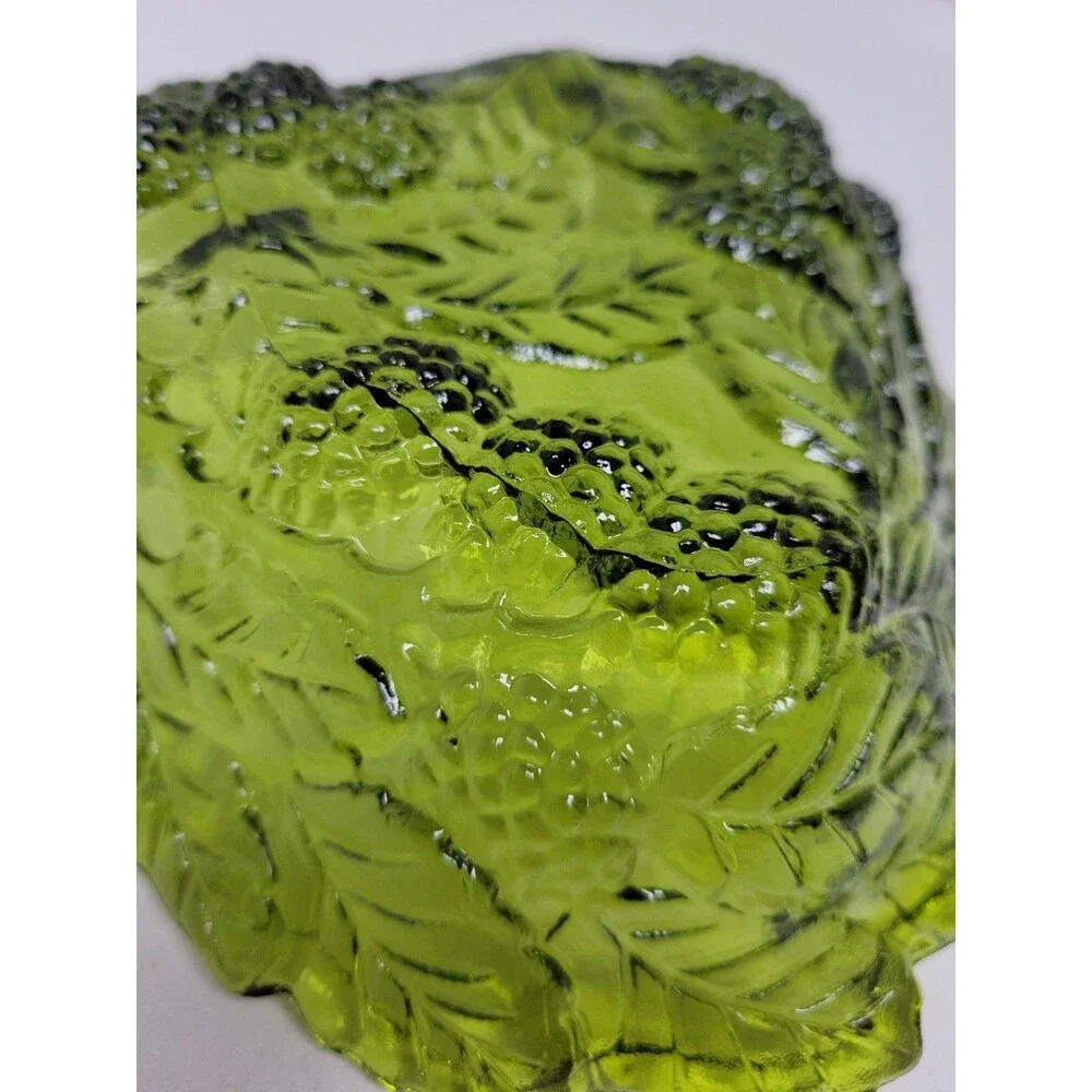 Vintage Indiana Glass Bowl Loganberry Olive Green Texture Berries Leaves Dish 7”